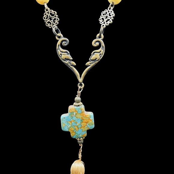 Boho Gypsy Cross Pendant Necklace Turquoise Tassel Long Beaded Chain Vintage - Picture 2 of 9